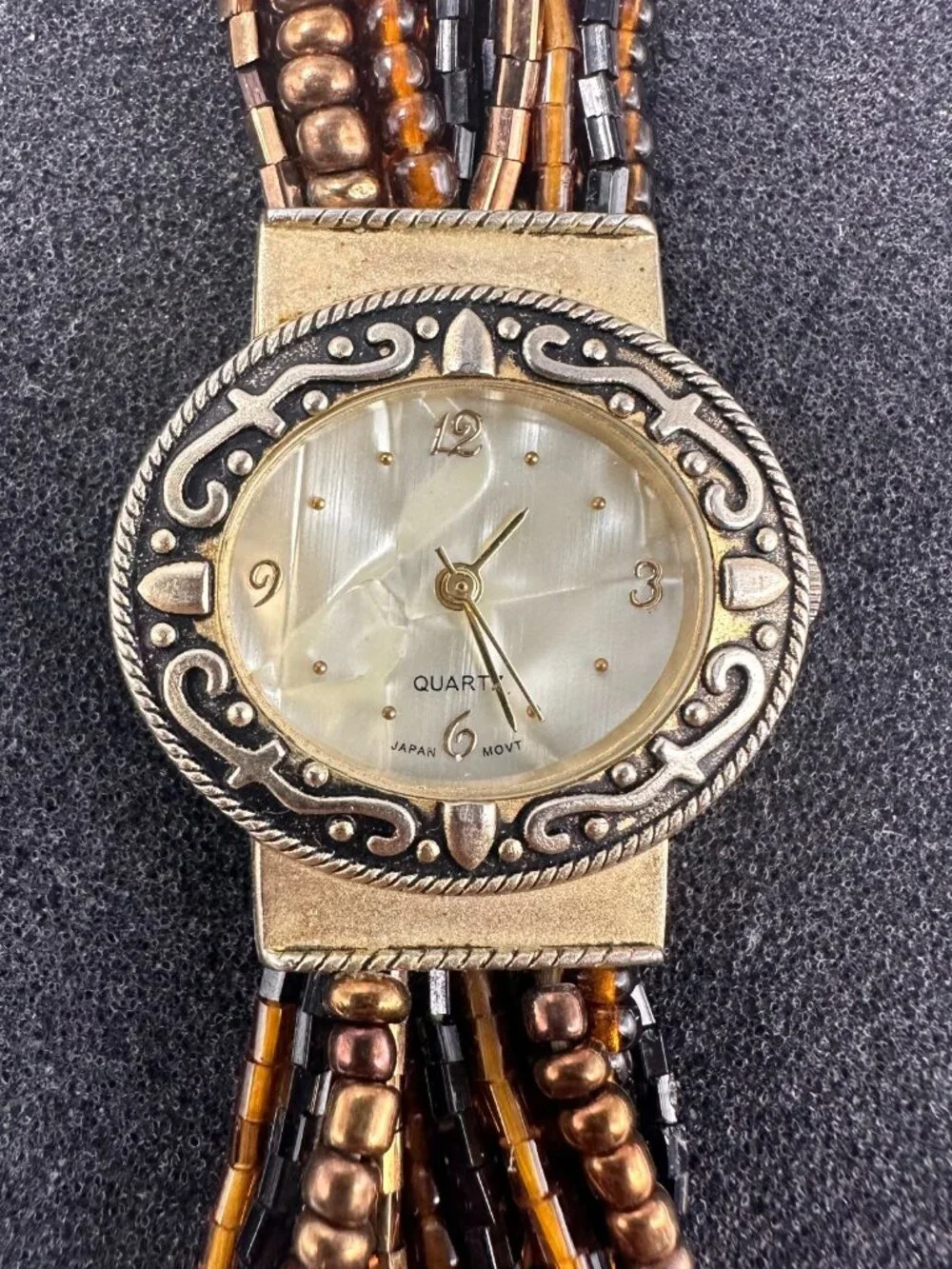 Womens Watch Gold Tone Brown Beaded Multi Chain Toggle Clasp New Battery
